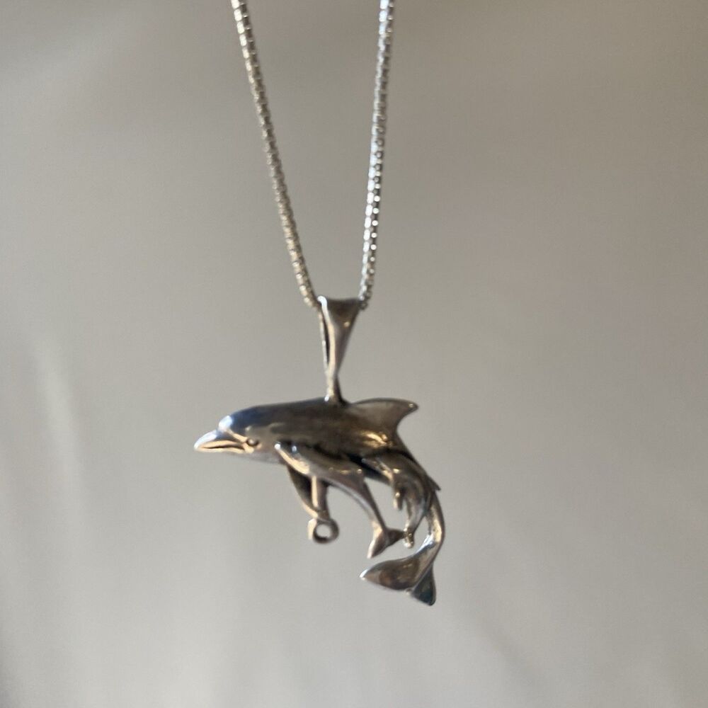 Vintage Sterling Silver 925 Dolphin Mom Baby Family Pendant Necklace 24in Chain